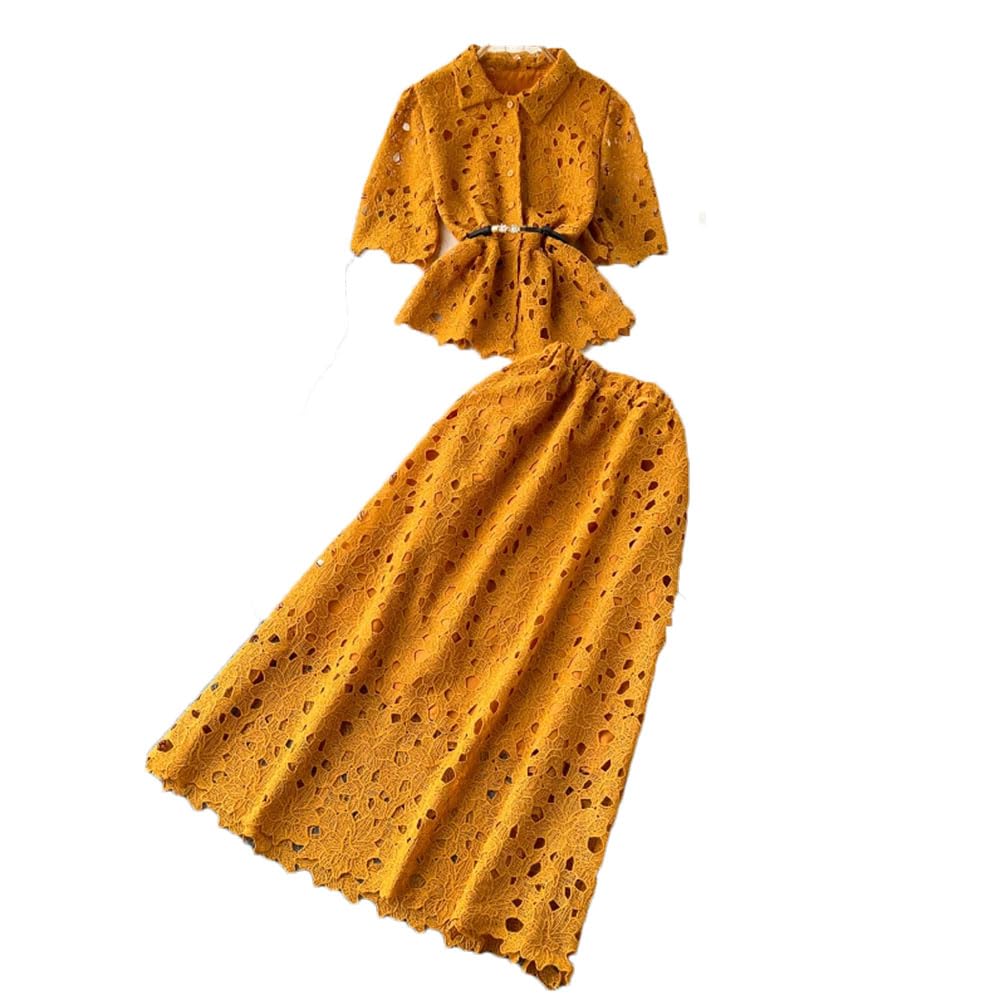 Conjunto de dos piezas de encaje con cuello con volantes y falda plisada midi para mujer
