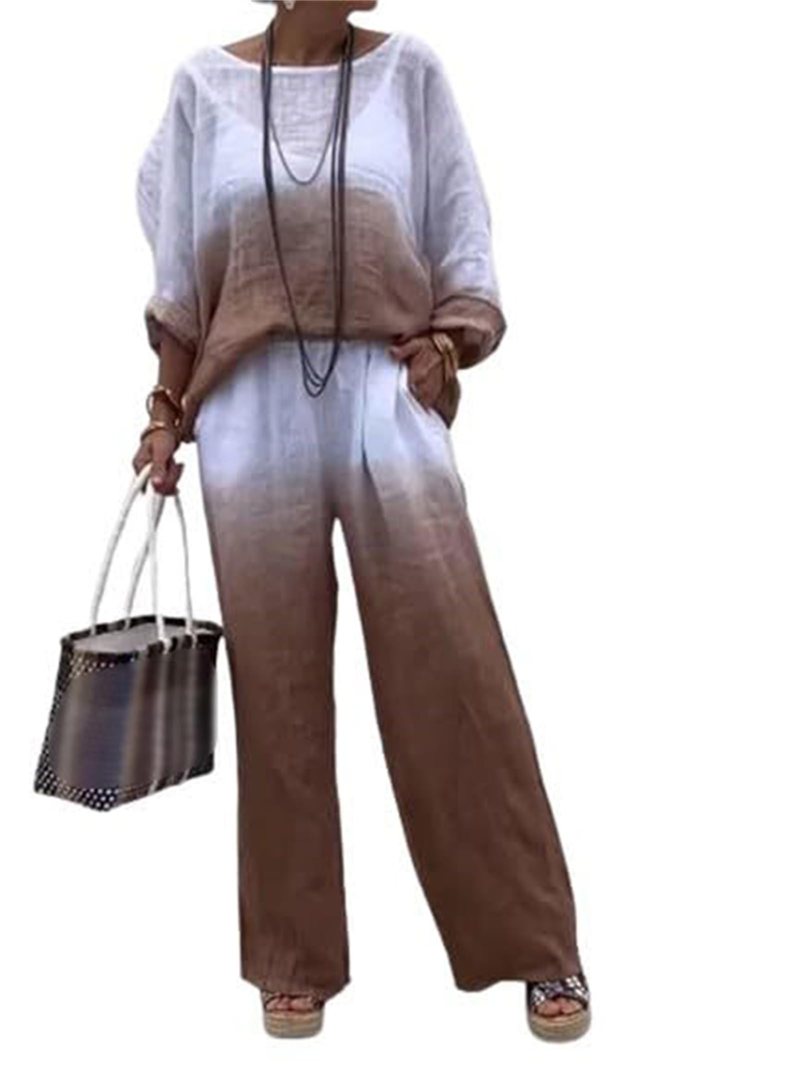 SEMETS Conjunto de dos piezas de algodón y lino degradado para mujer, camisas casuales de manga larga y pantalón de pierna ancha, trajes de lino, talla grande