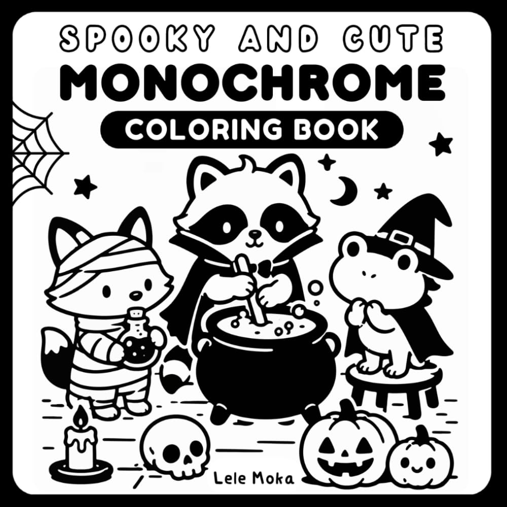 Spooky and Cute Monochrome Coloring Book: Bold and Easy Halloween Coloring Pages with Cute Animals, Ghosts, Pumpkins, Haunted Scenes and Relaxing Black Marker Designs