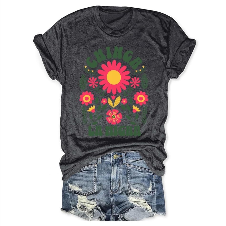 Chinga La Migra T Shirt Chinga La Migra Shirt Womens Floral Graphic Round Neck Short Sleeve Top XX-Large Dark Gray