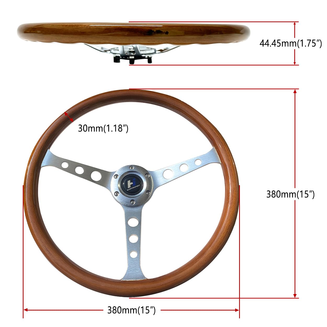 Hiracing 15 inch Wooden Grain Steering Wheel 1.75'' Depth Silver Brushed 3-Spoke Classic Wood Steering Wheel 380mm With Horn Button 6 Bolts (021), Brown