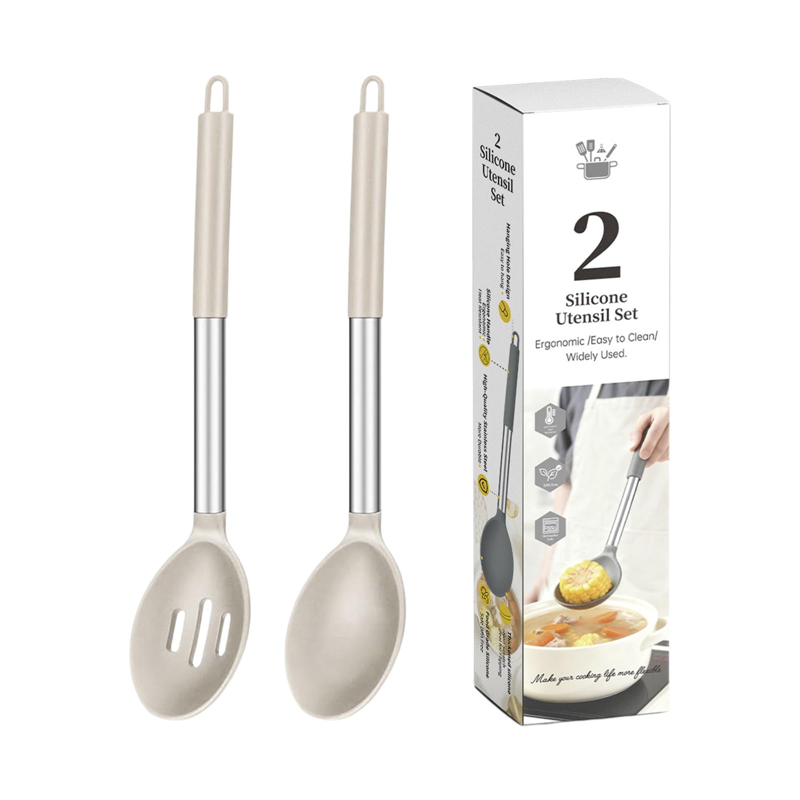 Soup and Stirring Spoon Set Silicone Cooking Utensil Pair with Metal Handles for Kitchen Pots and Daily Meal Prep Kitchen Cooking Spoon Slotted Serving Silicone Utensil Pair Metal Handle Loop Handle
