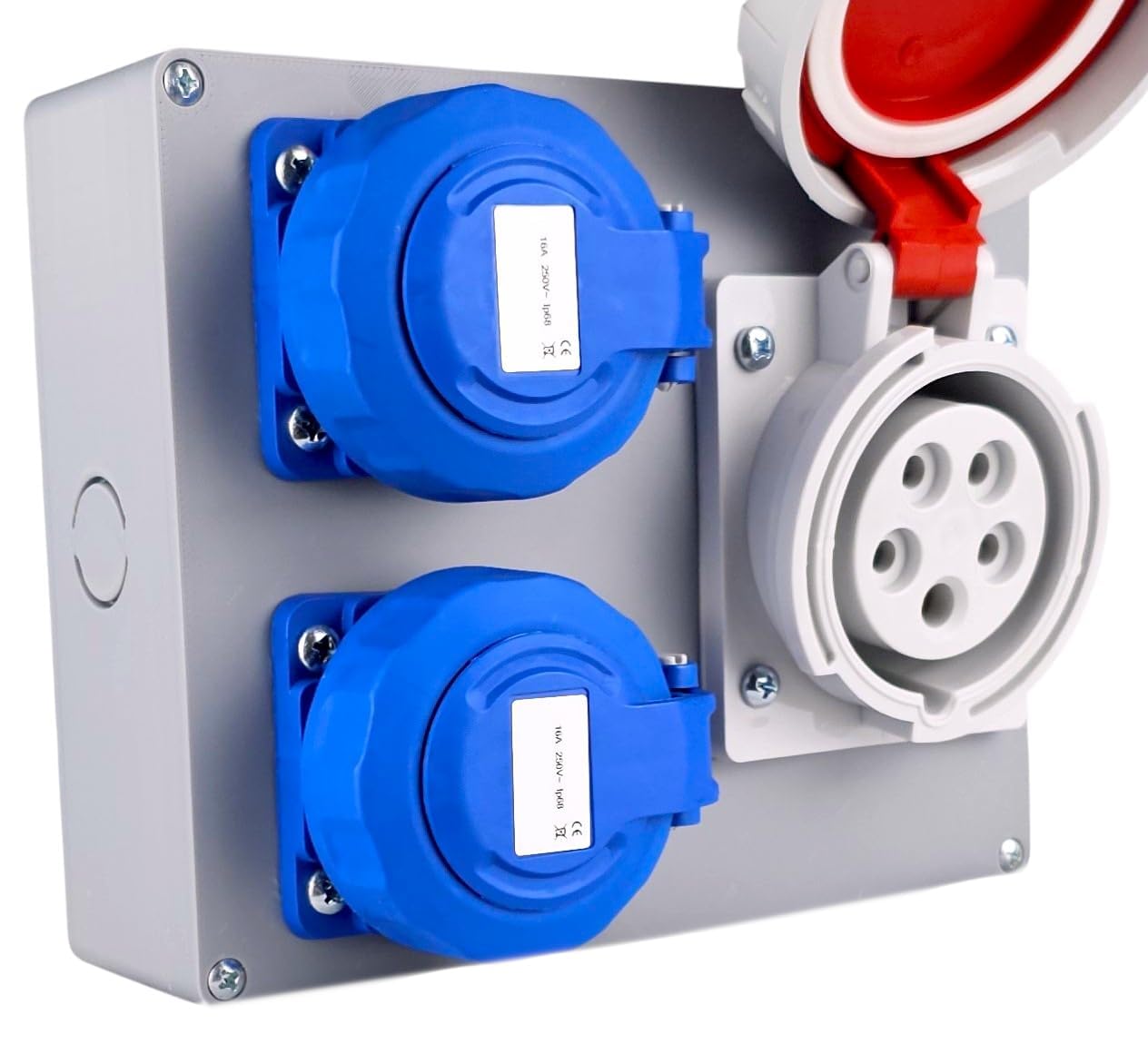 RoadEu – Caja de Distribución IP67 Estanca | 2x Enchufe Schuko 230V + 1x CEE 16A 5P 400V | Cuadro Híbrido Precableado para Obra