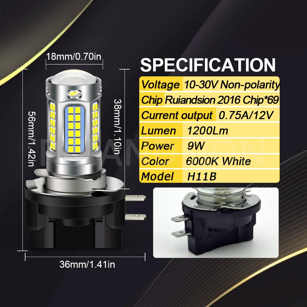 Ruiandsion Luces Antiniebla LED H11B, Conjunto de Chips 2016 69SMD Superbrillante Blanco CA/CC 10-30V 12V 24V Sin Polaridad, Instalación Directa para Luces Antiniebla y DRL, Paquete de 2