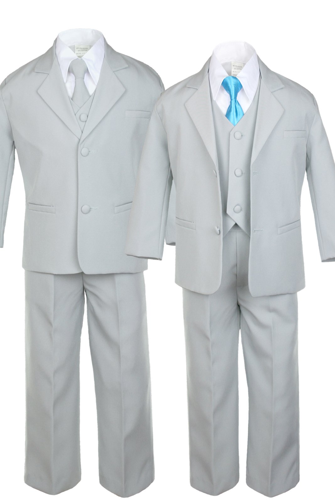 6pc Boy Gray Vest Formal Tuxedo Suits with Satin Turquoise Necktie Baby to Teen (L:(12-18 Months))