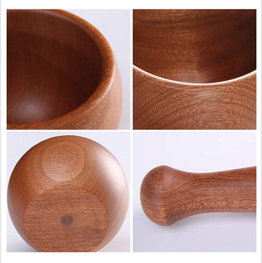 Wooden Mortar and Pestle Set for Kitchen Ingredients - Manual Grinder for Spices and Seasonings - 3.7" Diameter