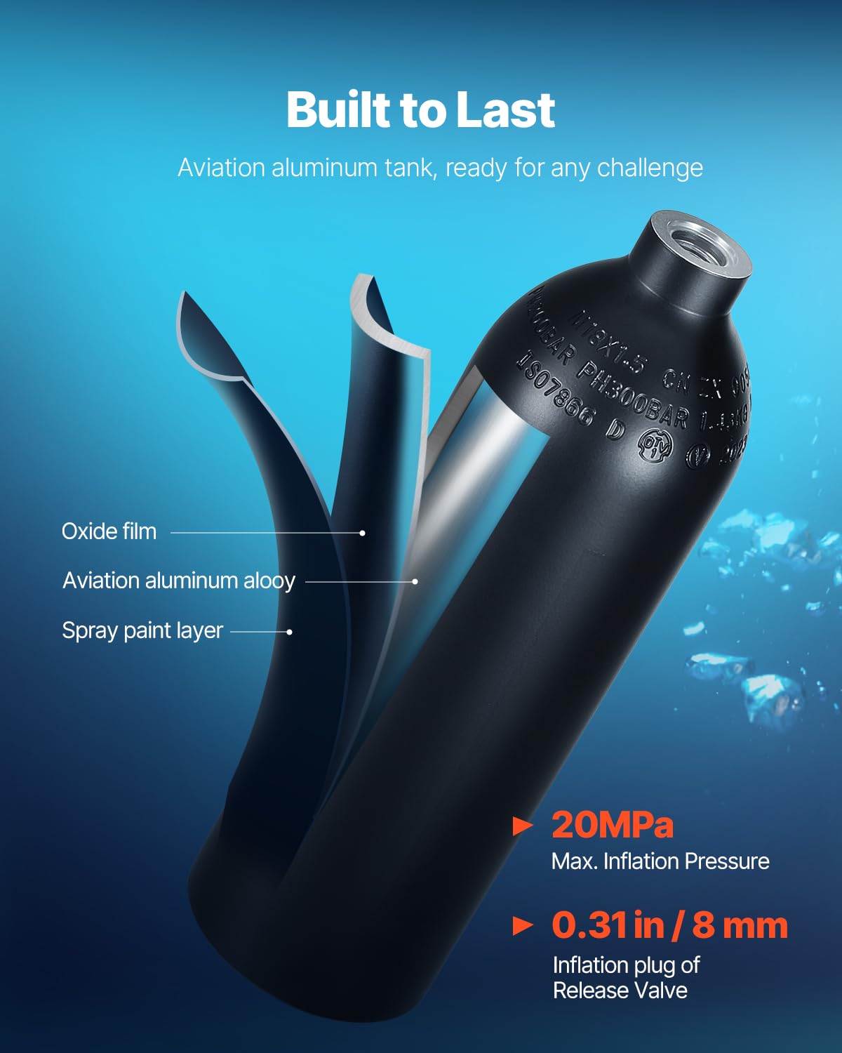 VEVOR Bombola Subacquea Portatile, capacità del Cilindro 1 L Bombola di Ossigeno per Immersioni, Supporta 15 a 20 Minuti di Respirazione Subacquea, profondità di Immersione 30 m con Pompa, Nero
