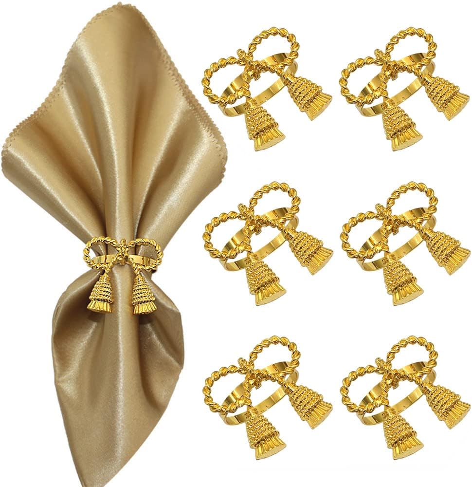 Set of 6 Napkin Rings -Reusable Metal Napkins Holder - Sophisticated Bow Tassels Style Tableware for Weddings, Dinner Parties, Christmas and Thanksgiving Napkin Décor/Gold