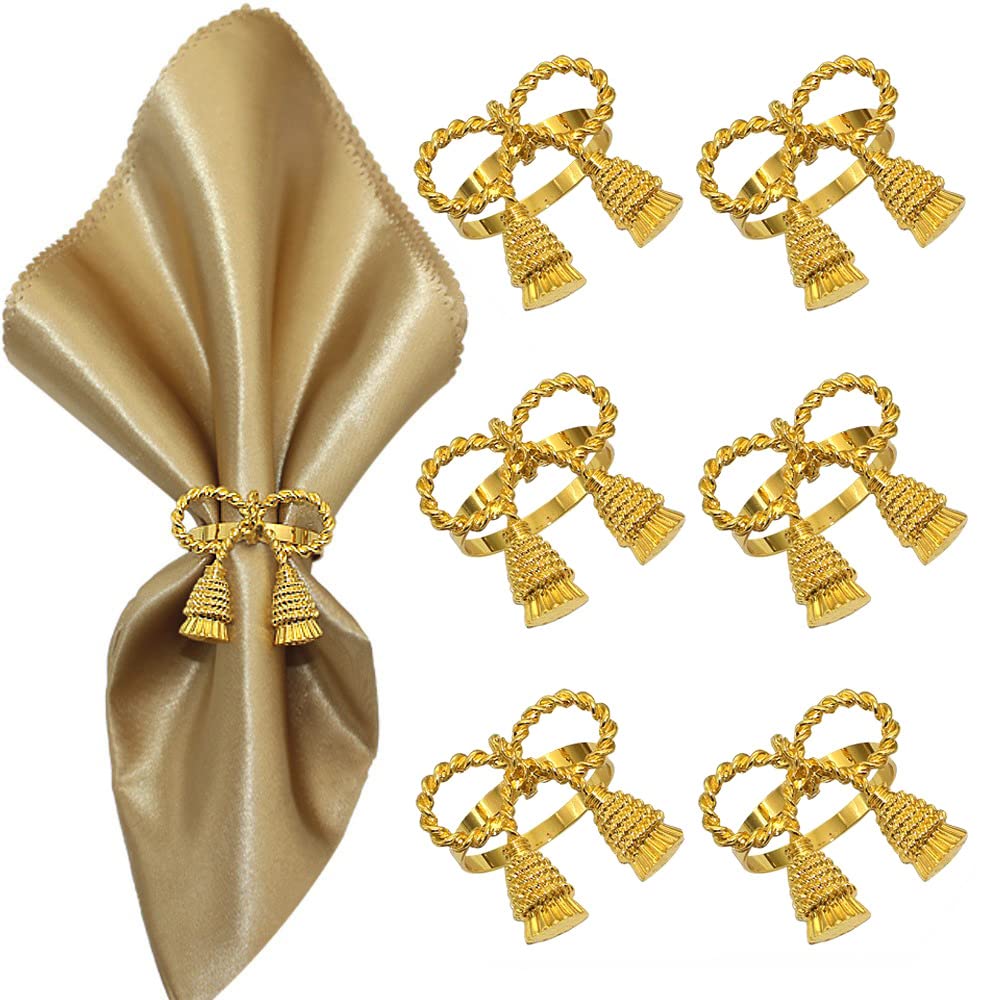 Set of 6 Napkin Rings -Reusable Metal Napkins Holder - Sophisticated Bow Tassels Style Tableware for Weddings, Dinner Parties, Christmas and Thanksgiving Napkin Décor/Gold
