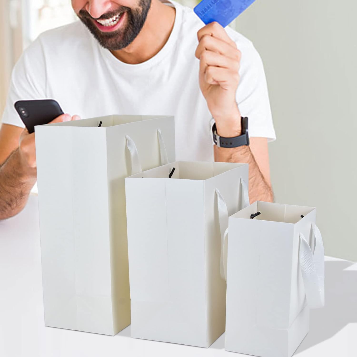 HUAPRINT 30 Pack(10 Sets) White Paper Bags with Handles - Mixed Sizes 5.25X3.75X8 & 8X5X10 & 10X5X13 inch Gift Wrap Bag for Retail,Party Favor,Merchandise,Business,Shopping,Wedding
