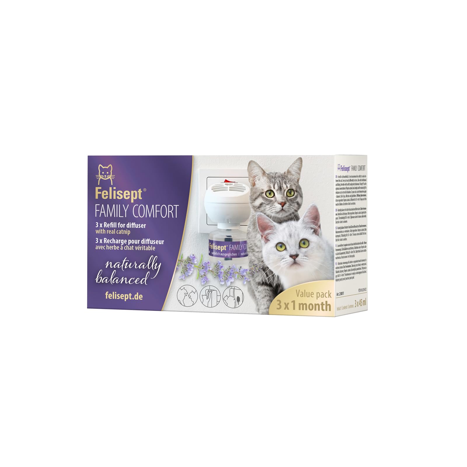 Felisept Family Comfort Agente Relajante En El Hogar Multigato Repuesto 3x45ml - Con Hierba Gatera Natural sin Feromonas para gatos - Libera Las Tensiones En Los Hogares Multigatos