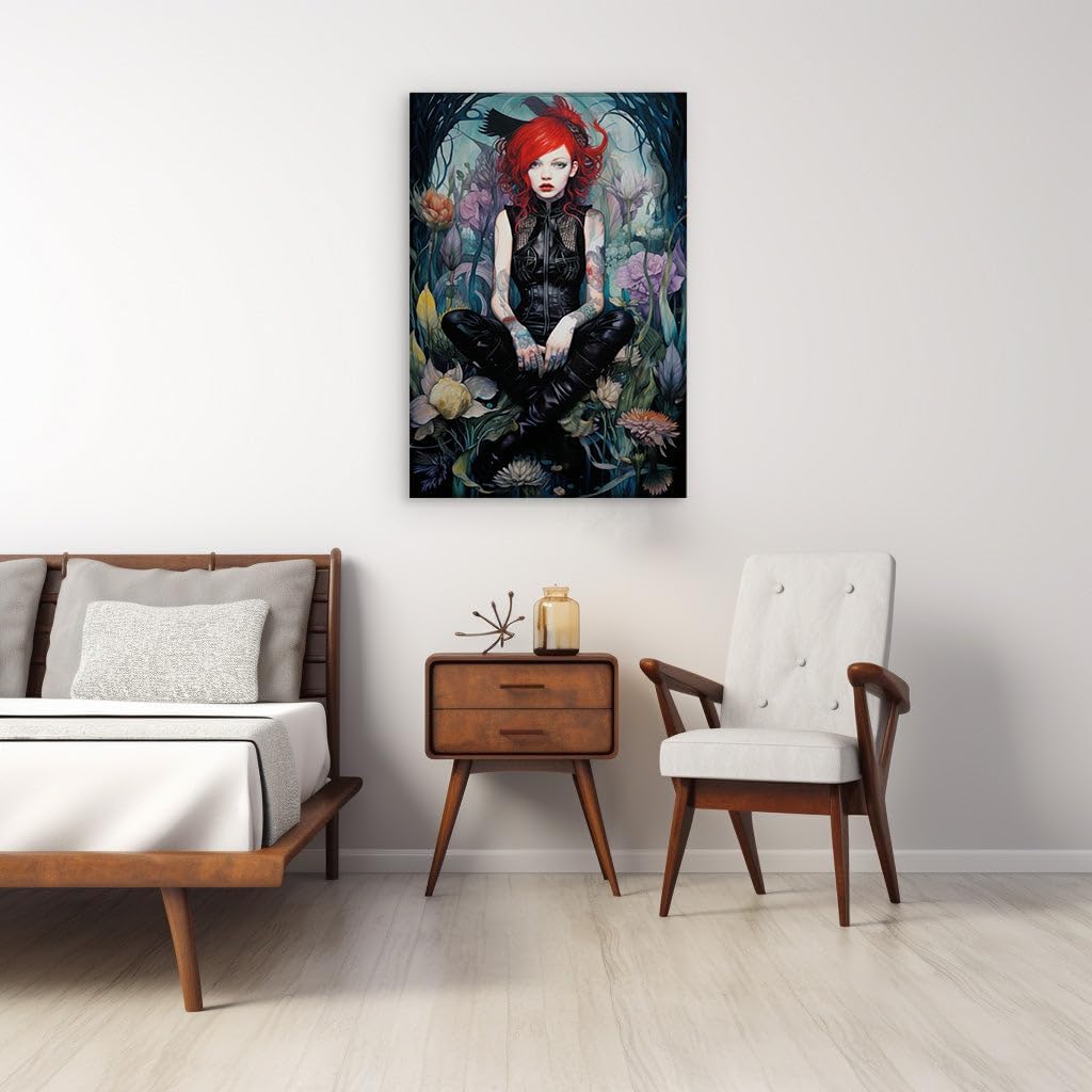 Canvas for Living room. Enigmatic Redhead in a Leather Ensemble Amidst a Flourishing Floral Eden, 27 x 18 inch Canvas Wall Art - Ready to Hang - 69x46 cm (27x18 inch)