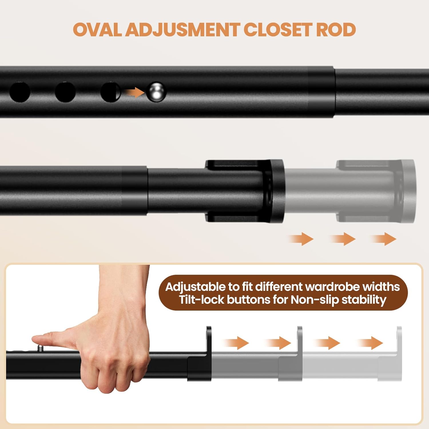 Mavivegue Oval Closet Rod, Closet Rods for Hanging Clothes, Adjustable Closet Rod – Expandable 17 to 40 Inches, Heavy Duty Closet Rods for Laundry Room, RV, Closet Storage (Black)