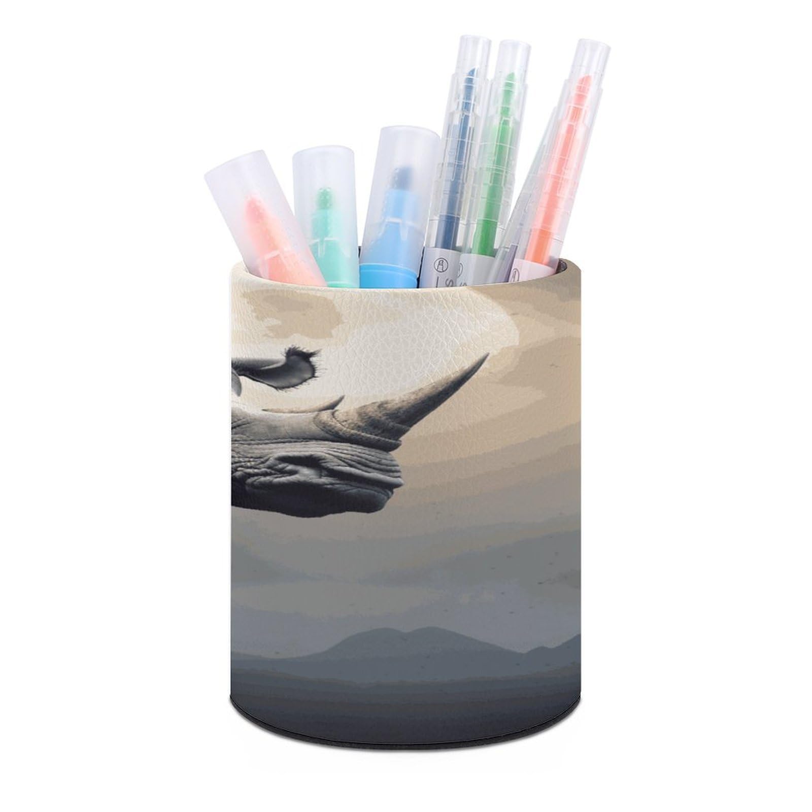 FekiLoot Round Leather Pen Holder - Multipurpose Desk Organizer, Modern Pencil Cup, Rhino Pencil Holder, Unique Makeup Brush Holders for Office Home Supplies & Gifts