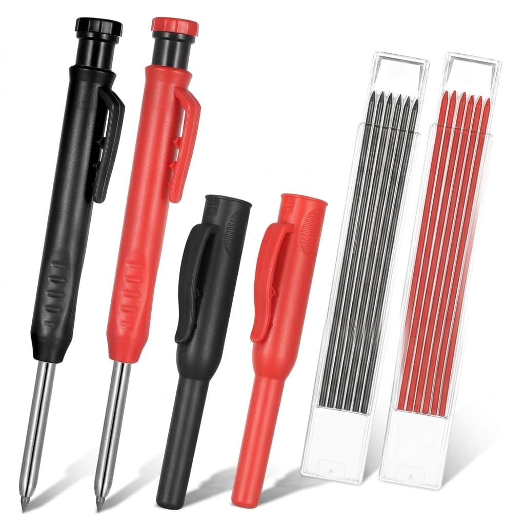 2Pcs Carpenters Pencil Set Deep Hole Marker Mechanical Carpenter Pencil with Refills, Construction Pencil Kit with Red & Black Leads, Builders Pencil Scribing Tool for Woodworking, DIY & Trade Use
