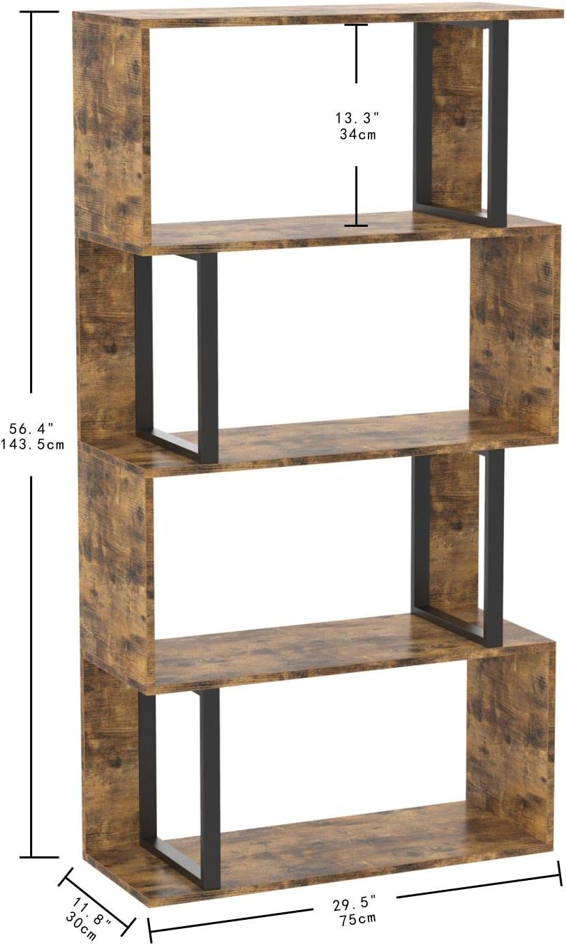 IRONCK Bookcase and Bookshelf 4 Tier Display Shelf, S-Shaped Z-Shelf Bookshelves, Freestanding Multifunctional Decorative Storage Shelving for Home Office, Vintage Brown Industrial Style