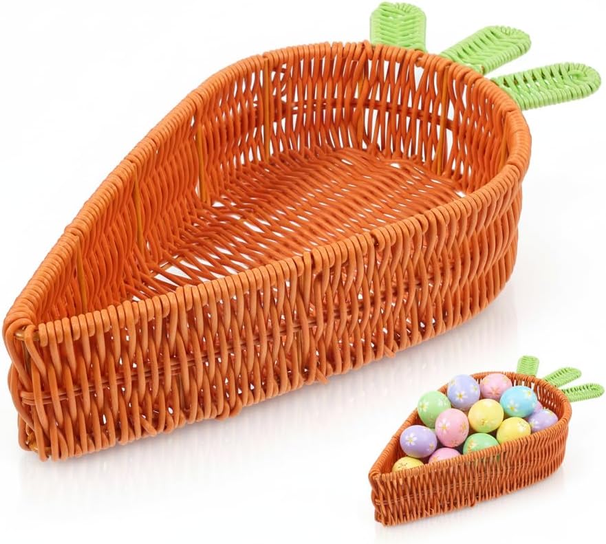 VILLCASE Easter Carrot Shaped Woven Basket (11.6"), Washable PP Rattan Fruit Bowl & Candy Storage Tray, Festive Centerpiece Decorative Platter for Spring Party, Egg Hunt & Home Kitchen Decor