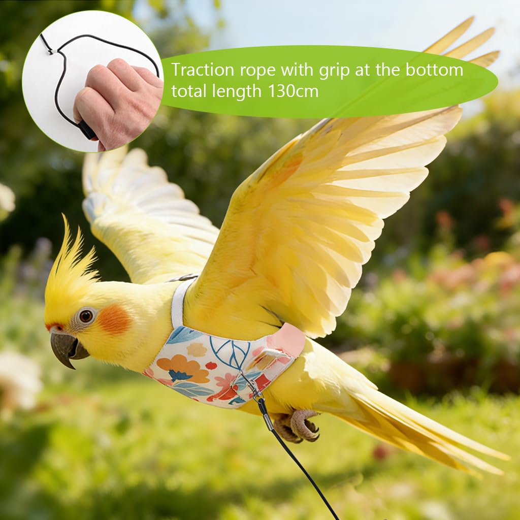 Qpets® Bird Harness and Leash Set for Parrots, Adjustable Escape-Proof Shoulder Strap Parrot Harness with Hook & Loop, 51 Inch Elastic Training Cord - Safe Flight Suit for Small Medium Birds, M 3