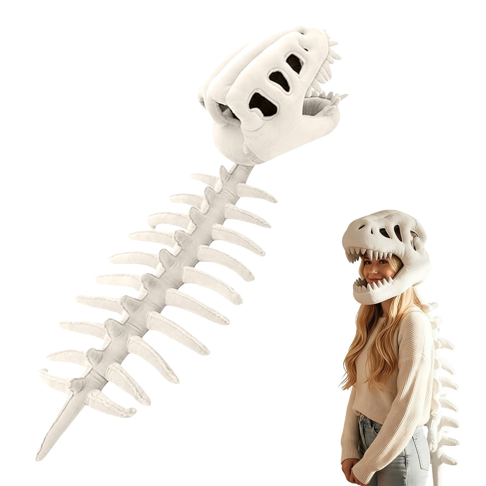 Dinosaur Skeleton Costume, Plush Skeleton Costume for Kids & Adults - Silly Spinosaurus Plush Outfit with 3D Realistic Skull Prop, Cozy Hat with Spine for Halloween Cosplay (White, Kids（80cm）)