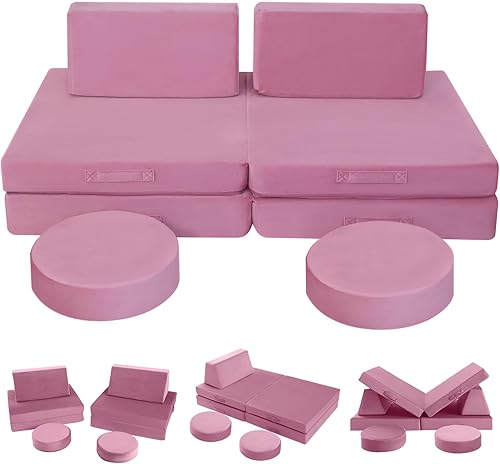 MeMoreCool 8-Piece Kids Modular Play Couch – Convertible Foam Sofa & Building Fort Set, Soft Plush Washable Toddler Furniture for Playroom, Rosa