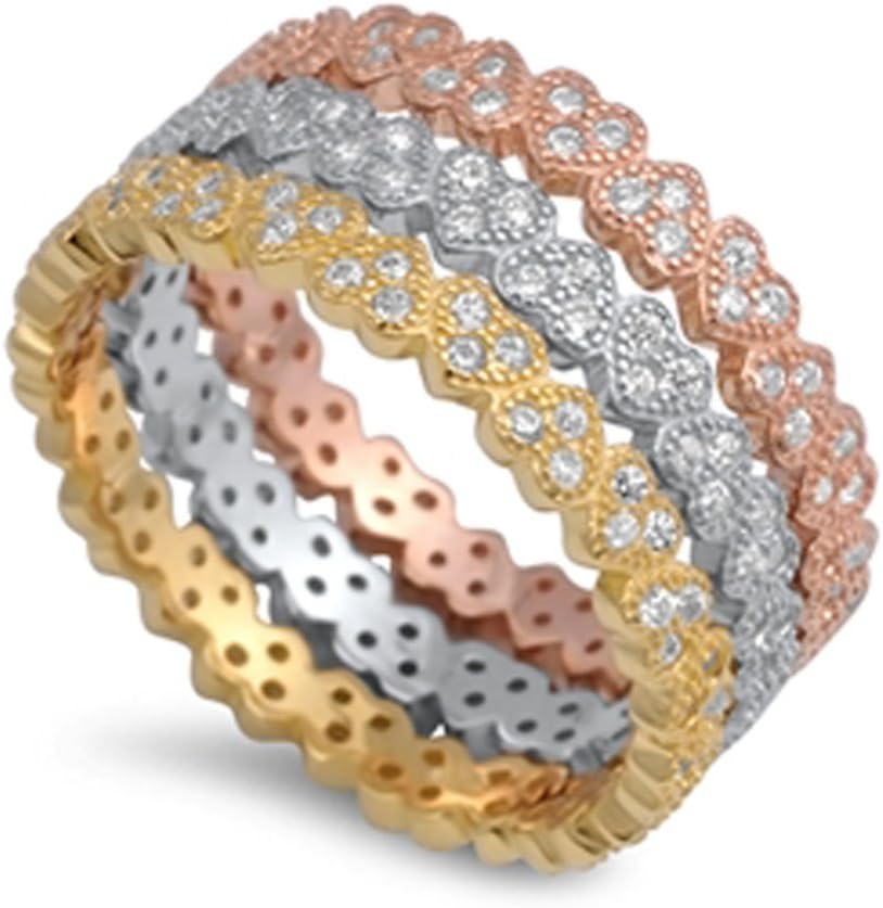 Sterling Silver Stackable Heart Rose Gold-Tone Ring Eternity Set Sizes 5-10