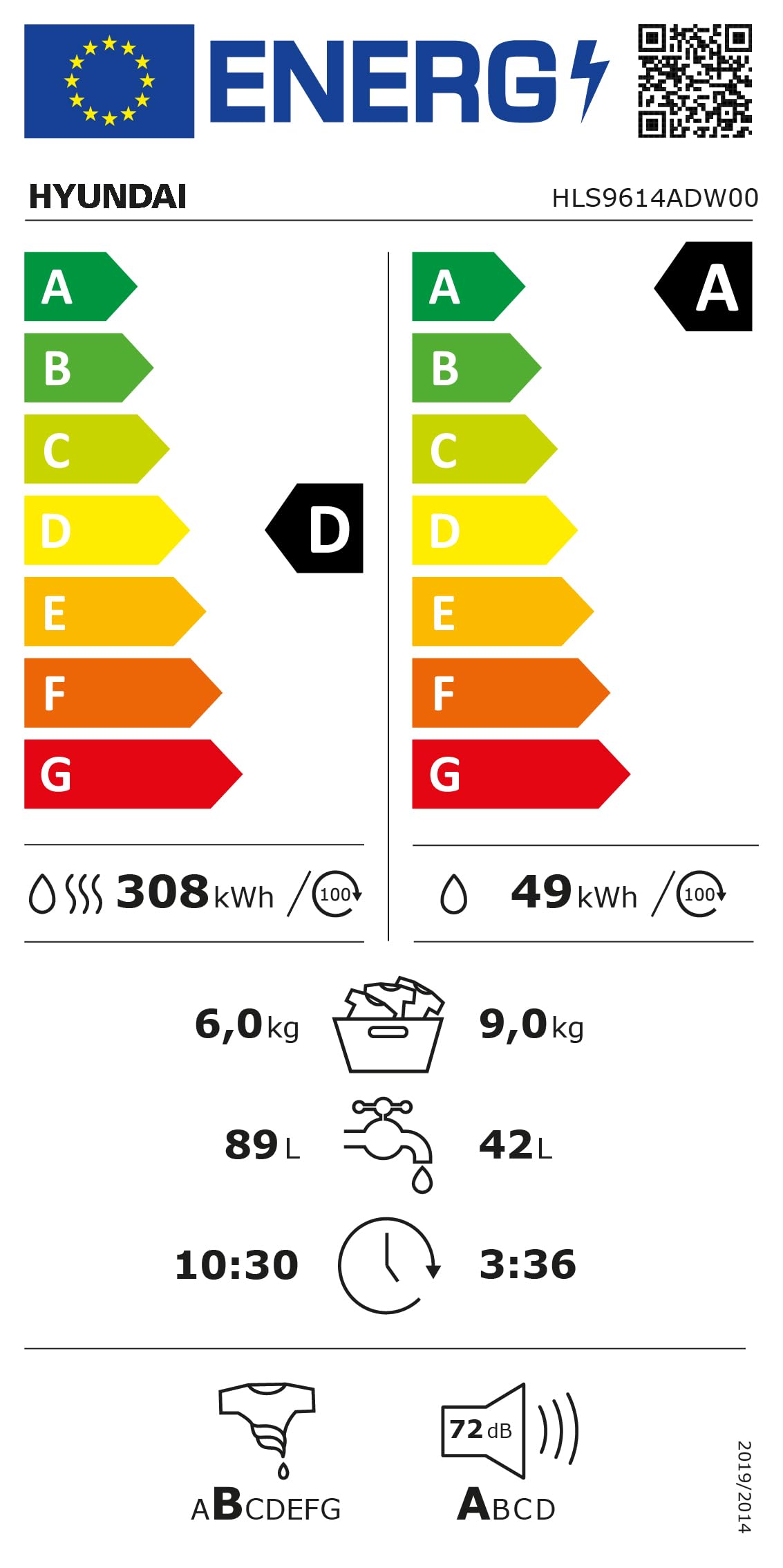 Hyundai Lavadora Secadora 9Kg Carga Frontal Blanco HLS9614ADW00. 1750W, 1400rpm, Motor Inverter, Programas, Función Stop&Go, Tambor Waterdrop, Clase de Eficiencia Energética D