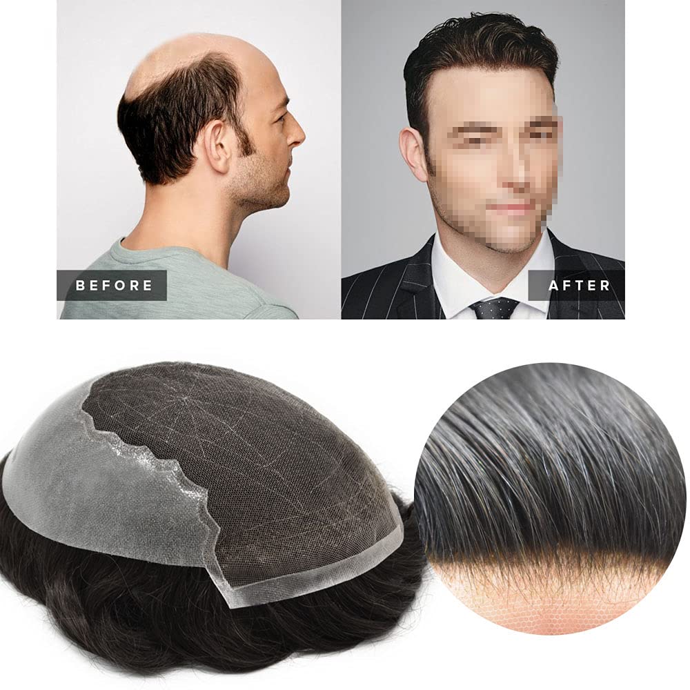 Toupee for Men Hair Replacement Systems Swiss Lace Front Mens Toupee Bleached Knot Natural Human Hair Piece (1B# Off Black, 7x9