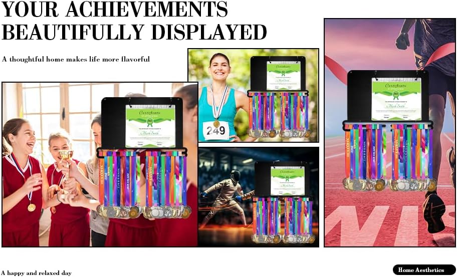 定義されたデコレースメダルディスプレイ、壁掛けメダルハンガーランニングビブとメダルホルダーハンギングメダルラックディスプレイリボンメ