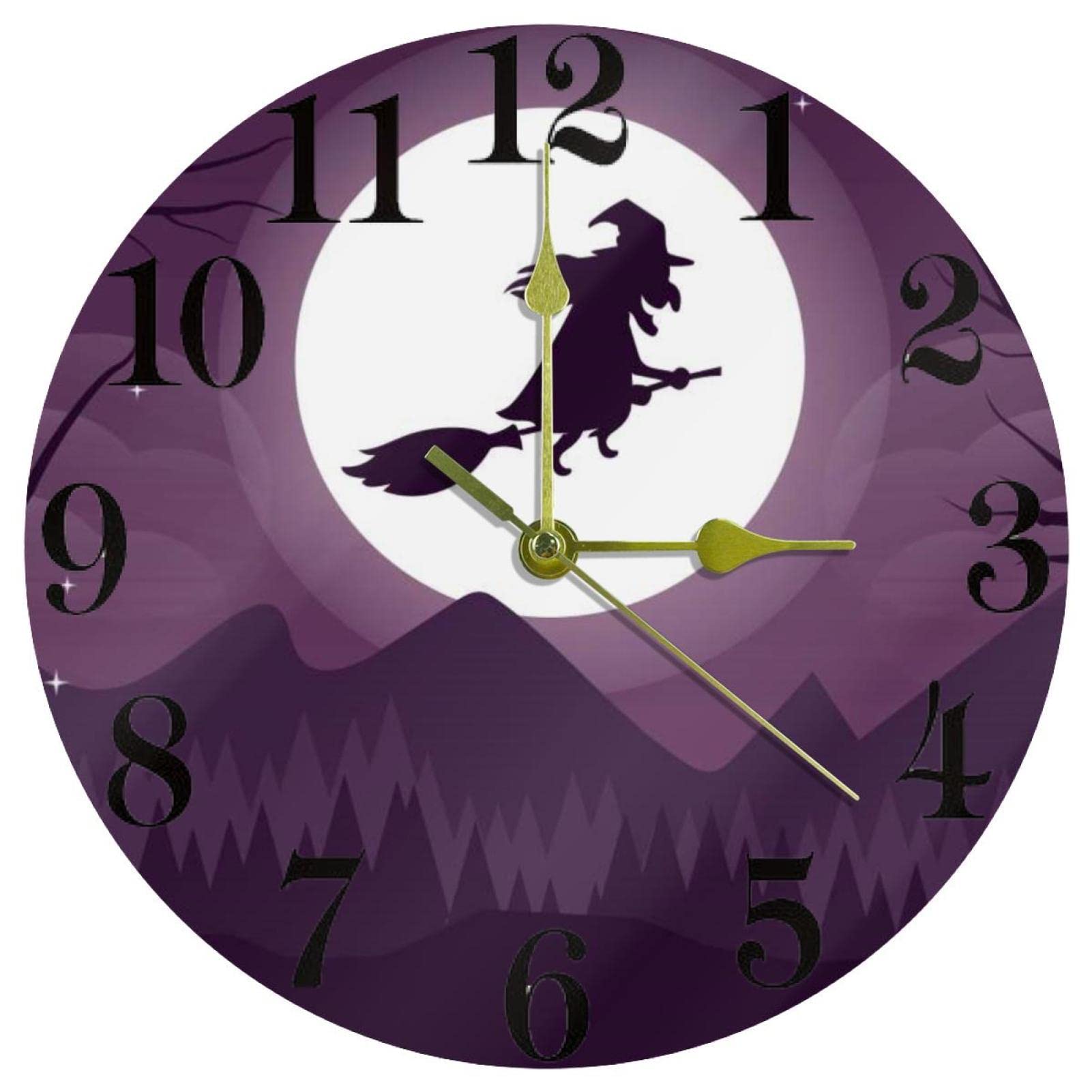 Horloge murale Halloween sorcière de 25 cm ronde et silencieuse à quartz