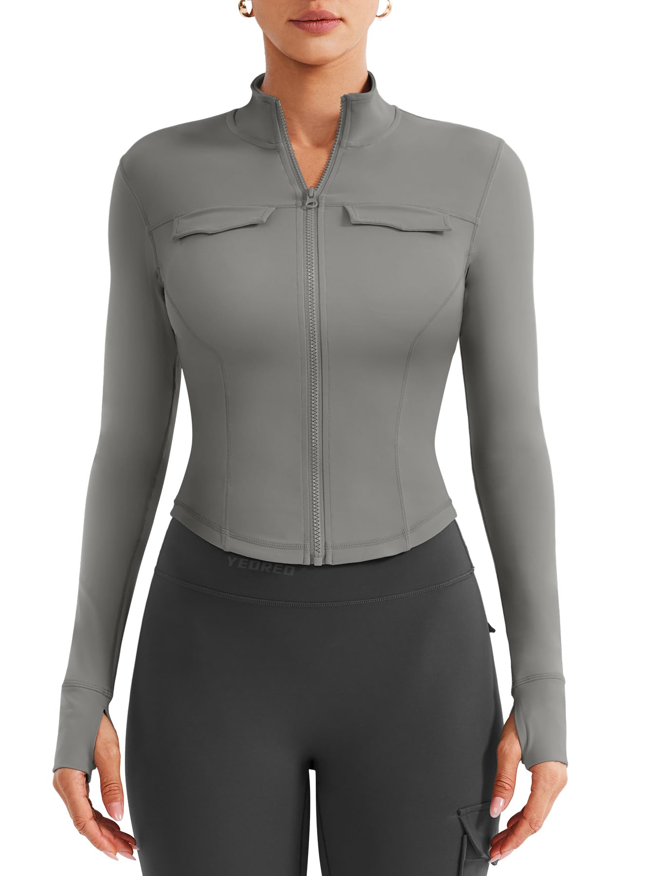 YEOREO CoreFlex Womens Workout Jackets Cropped Zip Up Athletic Jackets Arsene Slim Fit Yoga Running Tops with Thumb Holes