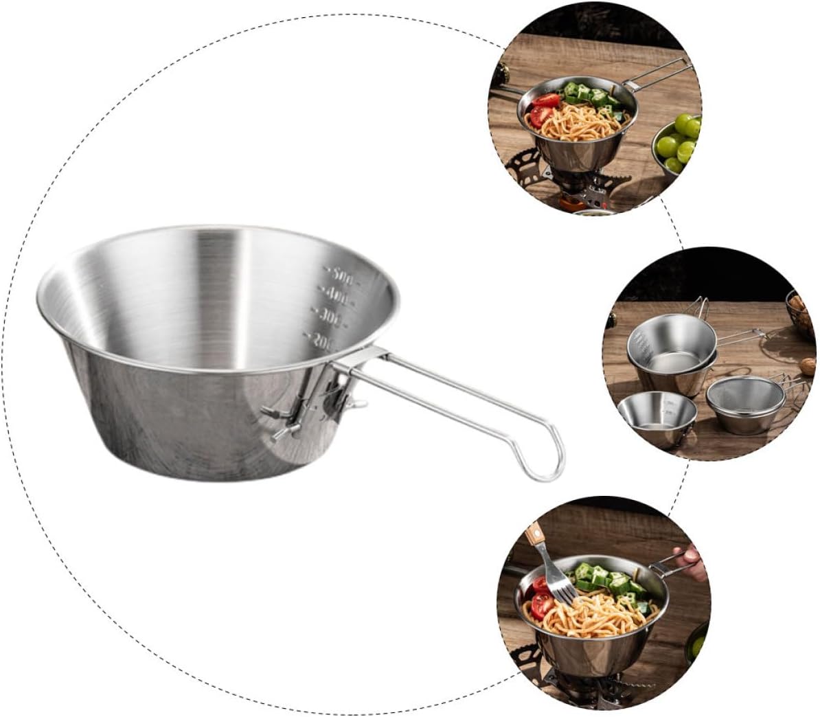 Toddmomy Stainless Steel Camping Bowl Set 14cm Folding Handle Portable Picnic Dinnerware with Storage Bag, Outdoor Hiking Cooking Bowls and Measuring Dish for Camping Kitchen