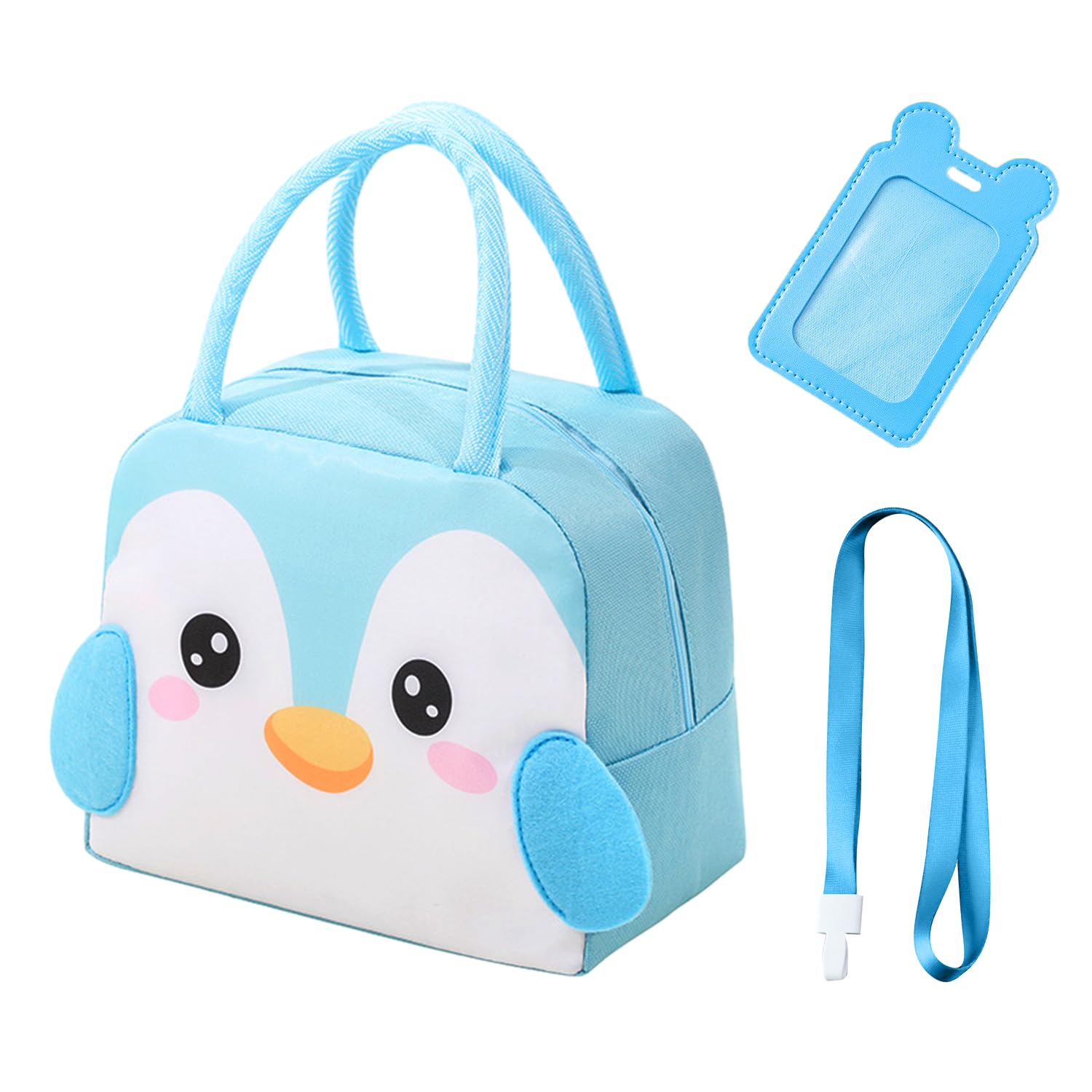 MAXQUU Bolsa de almuerzo de 1 pieza para niños con 1 tarjetero y 1 cordón, bolsa de almuerzo aislada de dibujos animados, bolsa de almuerzo plegable impermeable (azul)