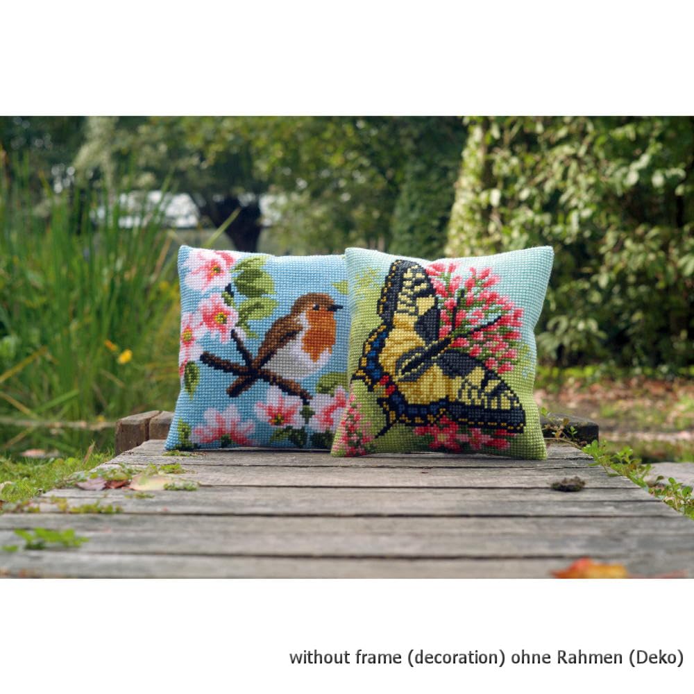 VERVACO Kit Cuscino Punto Croce PETTIROSSO E FIORI Set Ricamo Principianti Cuscini Gobelin Decorativi ca. 40 x 40 cm Accessori Per Lavoretti Creativi DIY Casa Decor Hobby Adulti Cross Stitch