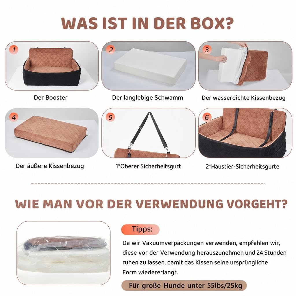 HAUSPROFI Hunde autositz für mittlerer/große Hunde, Schwarz+Braun | Hundesitz für Hunde unter 25Kg oder 2 kleine, Waschbarer hundesitz Auto mit Aufbewahrungstaschen, Ansteckbare Leine