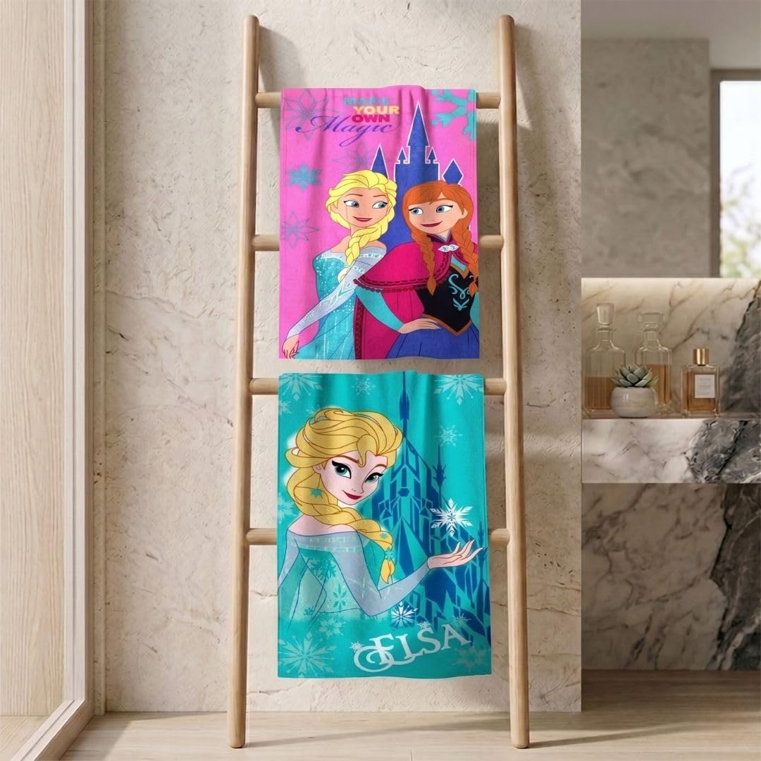 Athom Living Disney Frozen Anna & Elsa Premium 100% Cotton Kids Bath Towel 350 GSM 60x120 cm Pack of 2 1