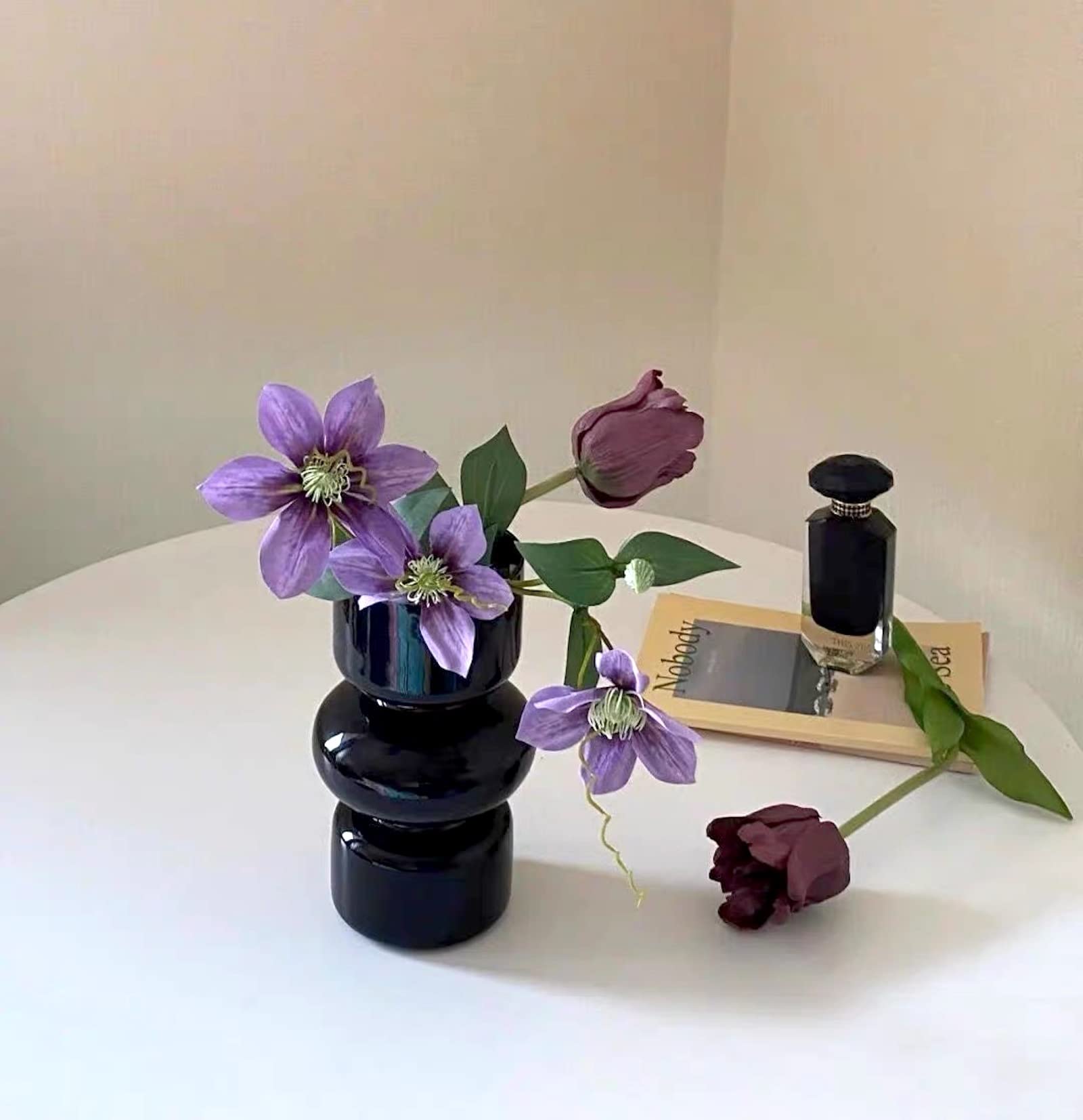 BLOFLO - Jarrón hidropónico de vidrio negro, jarrón de vidrio de 7 pulgadas para flor, moderno jarrones florales geométricos de tres capas para oficina en casa, decoración de mesa de boda (negro) 8