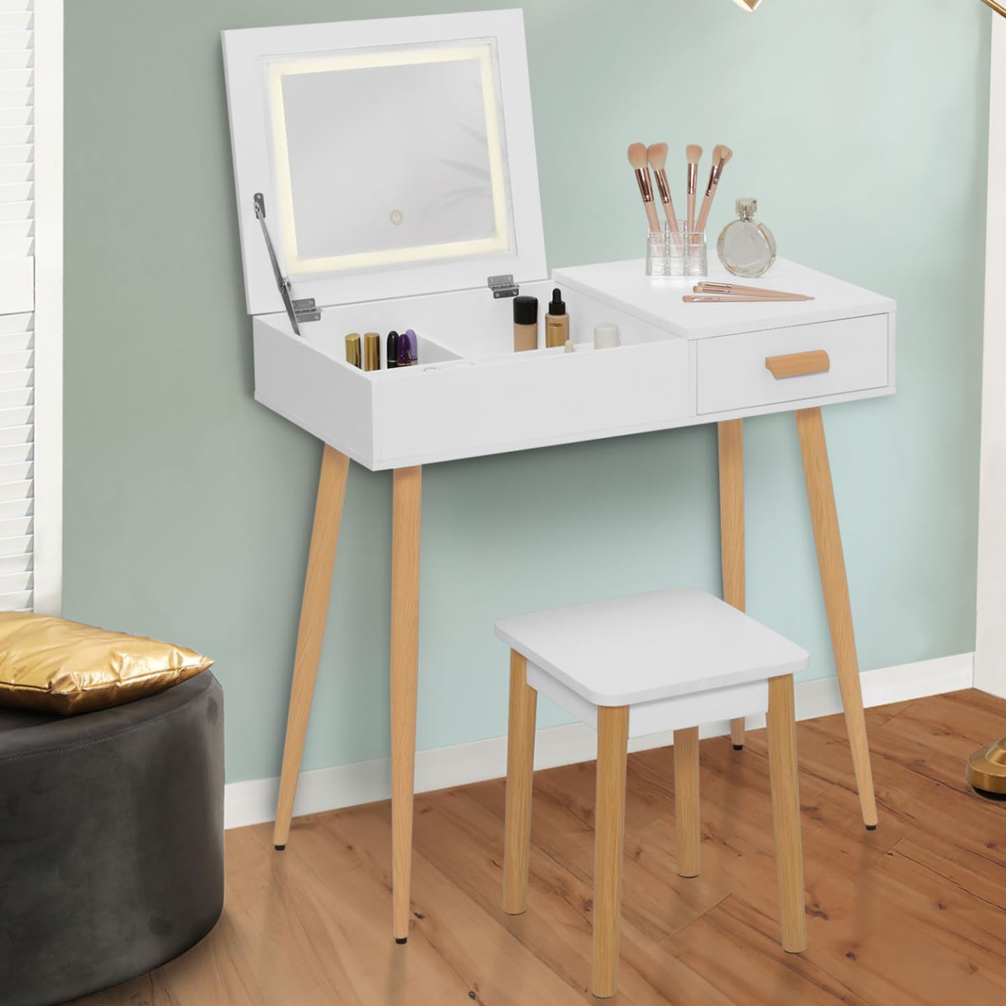 IDMarket - Coiffeuse scandinave Lisa Blanche Miroir Rabattable LED et Tabouret