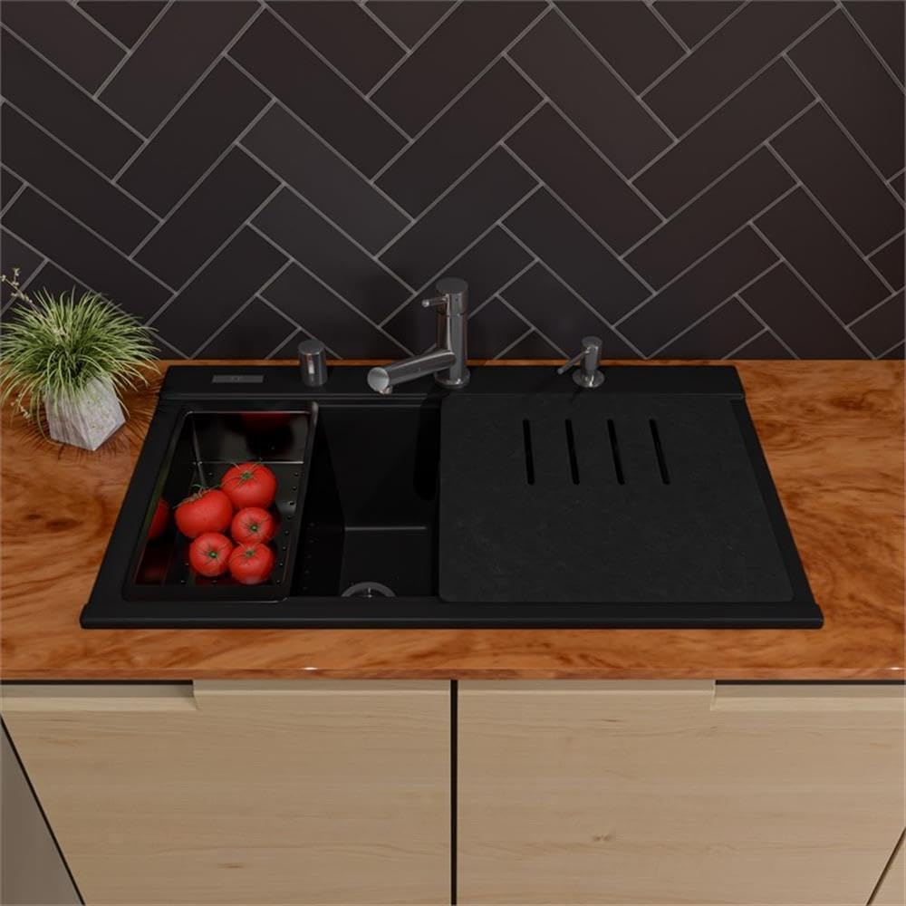 Pemberly Row Black 33" Granite Composite Double Bowl Workstation Sink, Drop-In Matte Finish, Includes Cutting Board, Colander, Roll Mat, Durable Italian Design, Kitchen Sink for Cooking and Cleaning