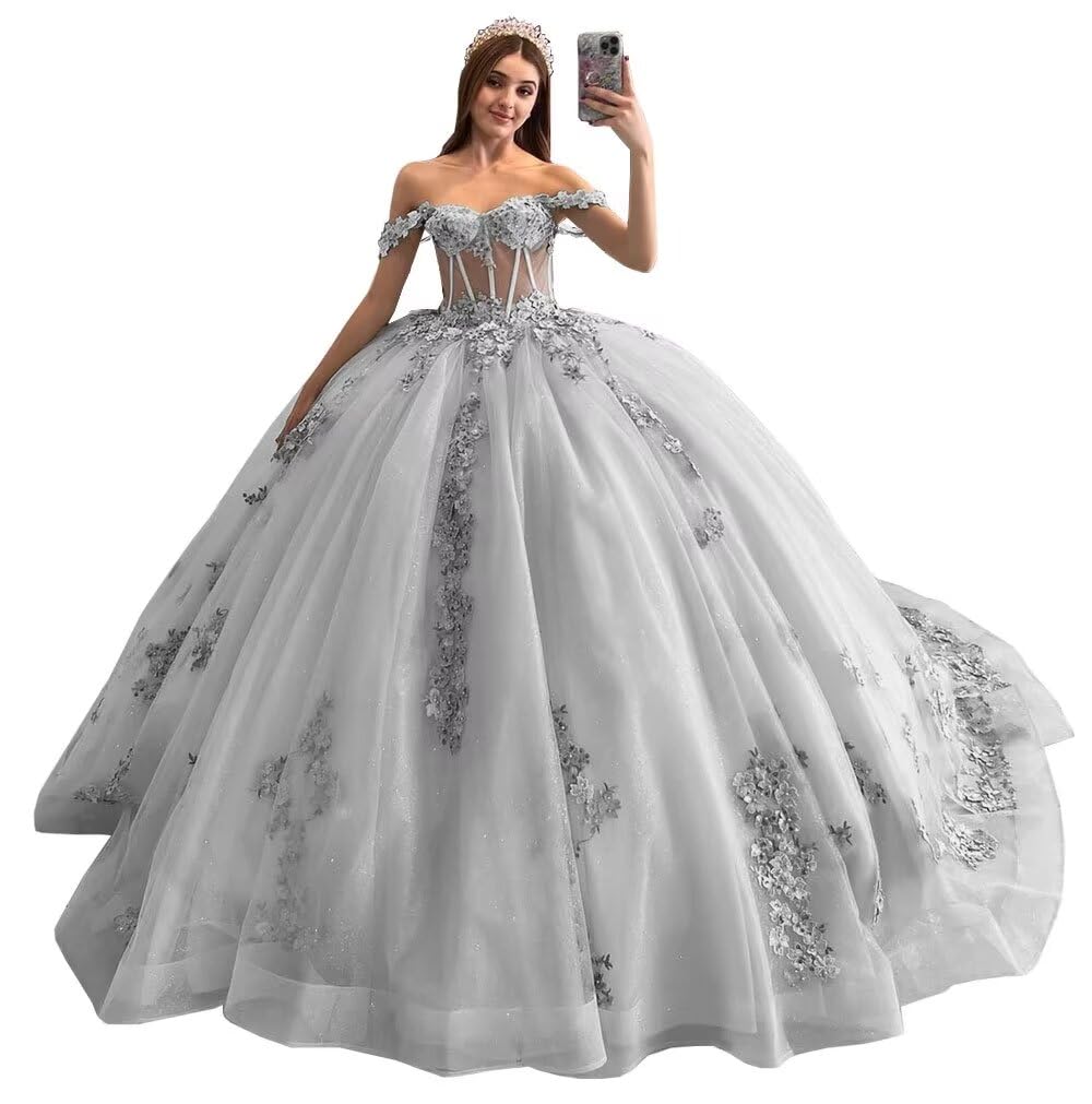 Mouccy Sparkly Lace Pearly Quinceanera Dresses Puffy Beaded Sweet 16 Ball Gown Tulle 3D Floral Off Shoulder Prom Gown XXF047