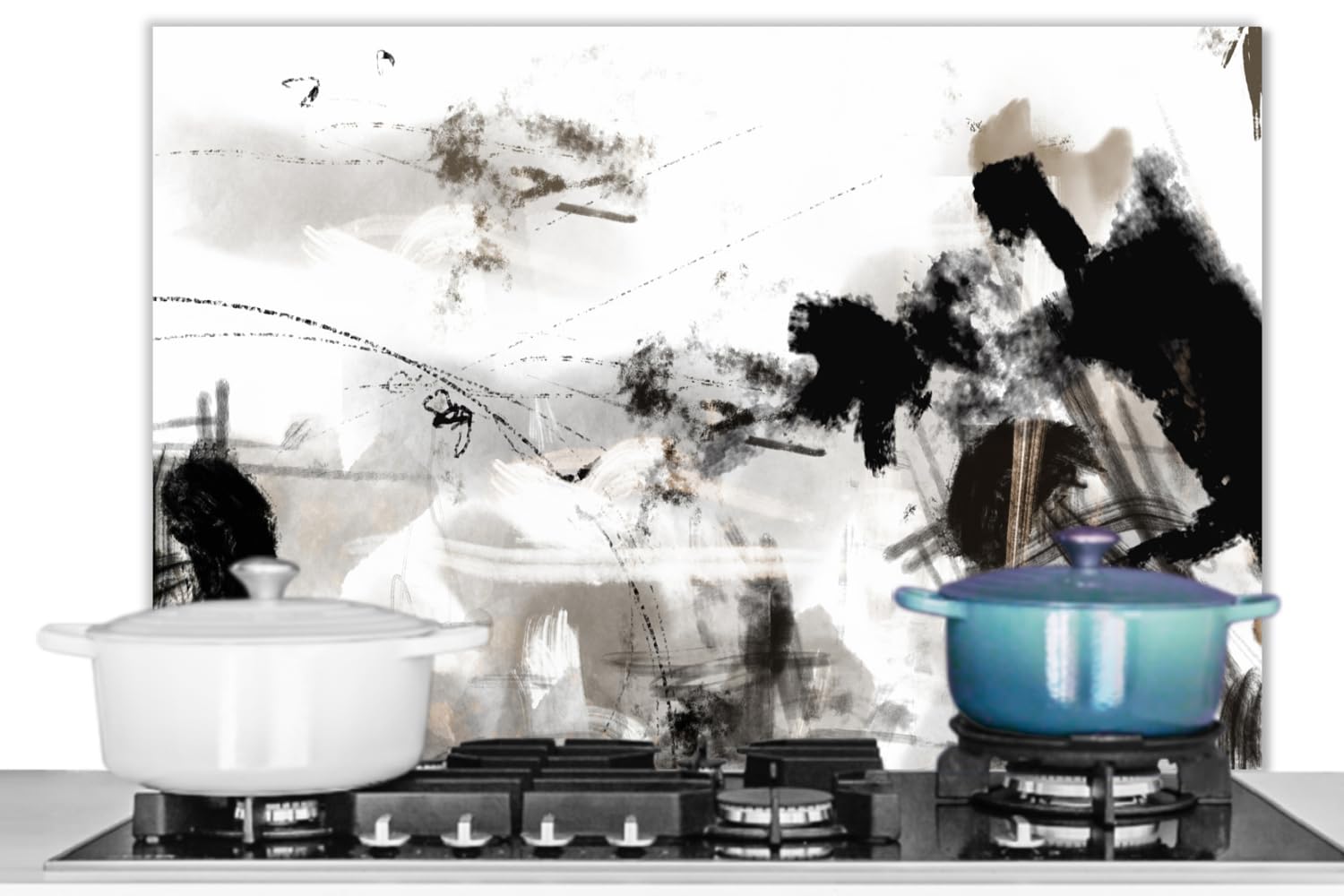 KitchenYeah© Crédence pour la Cuisine Murale 90x60 cm Aluminium Accessoire Déco Protège Mur Plaque Anti Protection Peinture - Noir et Blanc - Art