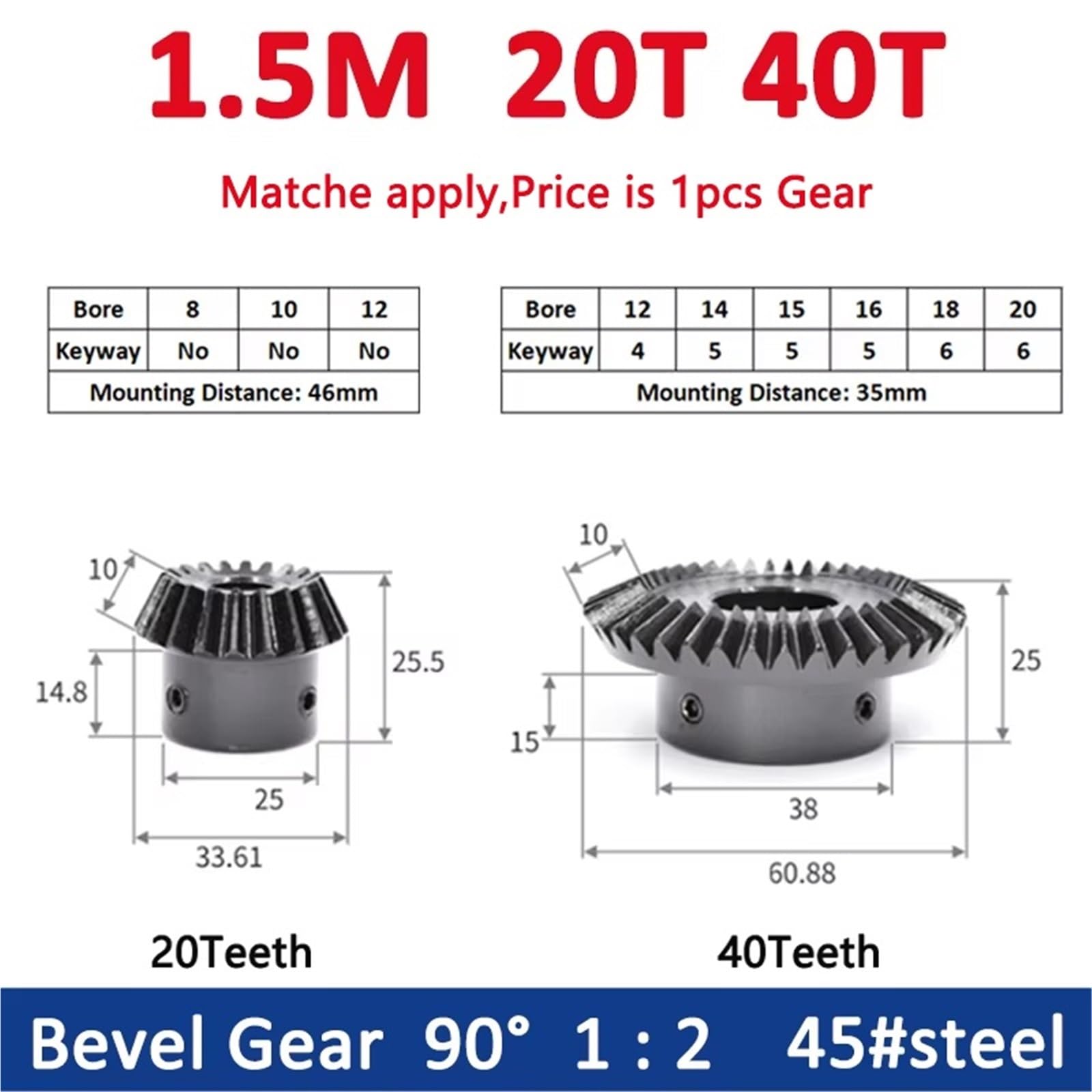 Engrenage conique 1:2 1,5 m 20 dents 40 dents alésage 8/10/12/14/15/16/18/20 mm 90 degrés engrenages en acier 45# acier(8mm,40 Teeth (1pcs))