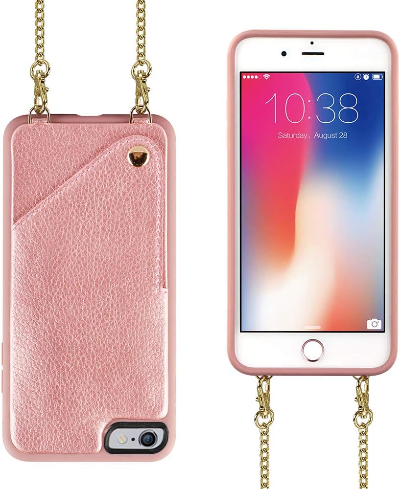 JLFCH iPhone 6 Plus Crossbody Case, iPhone 6s Plus Wallet Case with Card Slot Holder Crossbody/Shoulder Strap Protection Leather Cover Case for Apple iPhone 6 Plus/6s Plus 5.5 inch - Rose Gold