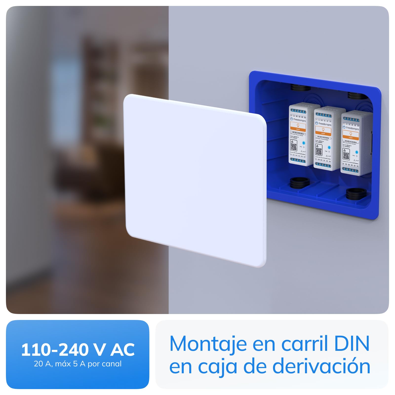 Freedompro DIN Interruptor Relé WiFi para Luces Inteligentes, Controla 4 Luces, Compatible con HomeKit, Matter, Google Home, Alexa, Domótica, Mide el Consumo, 110-240V, 20A, para Carril DIN