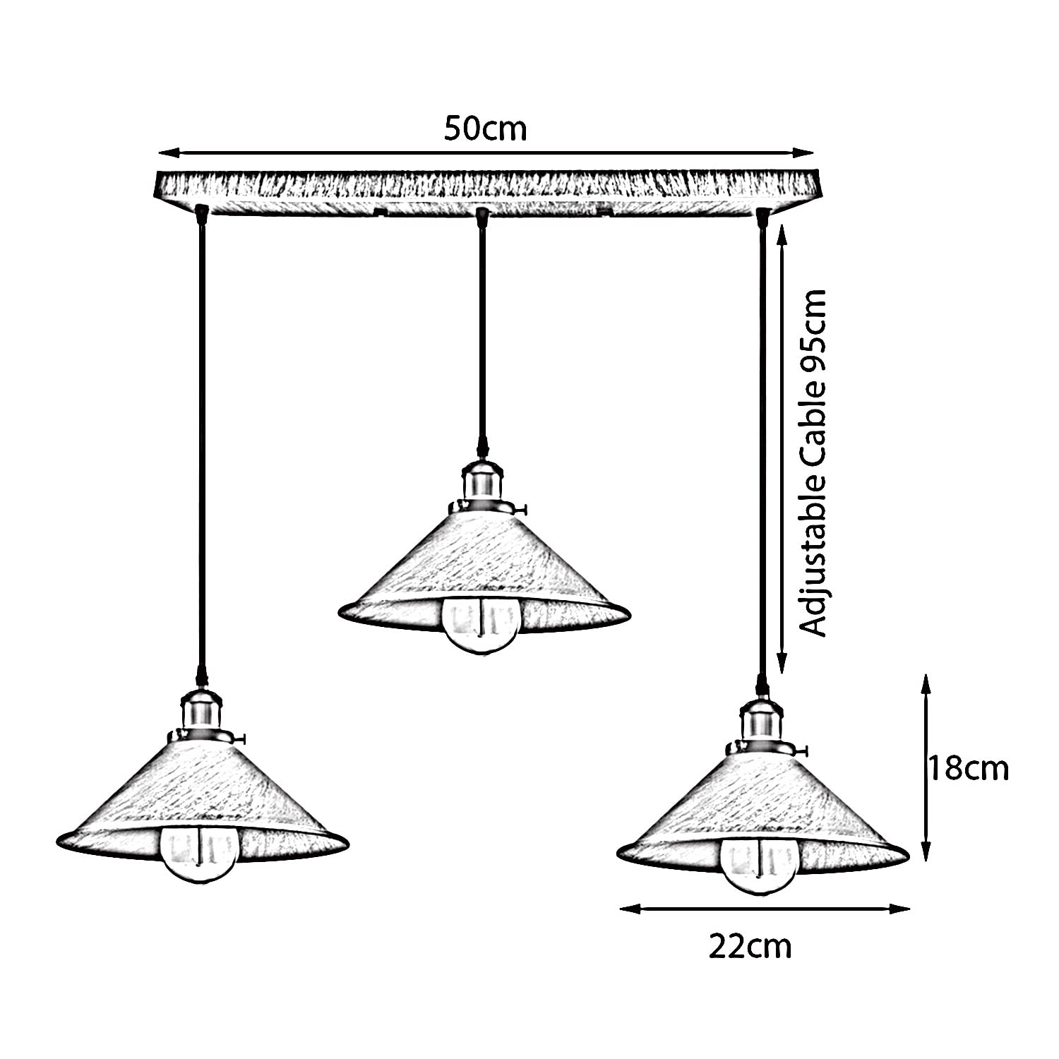 LEDSone Suspension industrielle vintage en métal argenté brossé à 3 têtes avec abat-jour conique E27 et support de plafond de 50 cm (Laiton Brossé.)