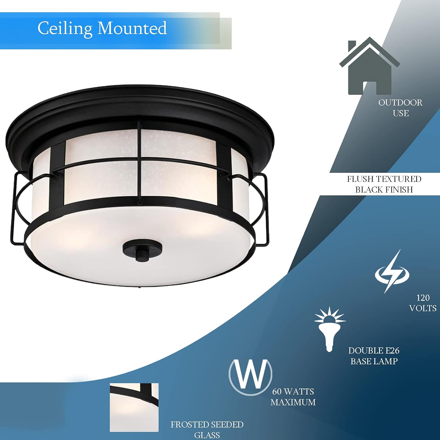 Buy 1 get 1 Ciata Lighting Orwell 2 Light Textured Black Finish Outdoor Flush mount Fixture on Steel with Frosted Seed Glass