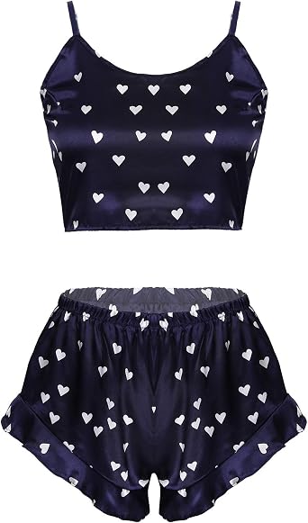 Womens Two-Piece Pajamas Set Heart Print Sleeveless Crop Top Ruched Boyshorts Sleepwear
