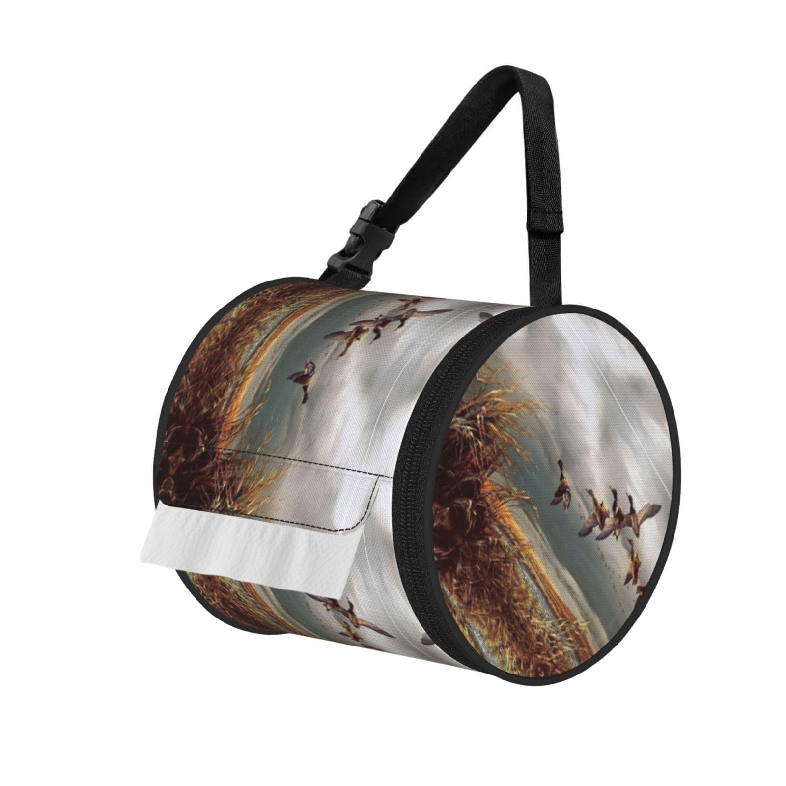 Hunting Flying Wild Ducks Printed Hanging Tissue Organizer, Smooth Zipper Oxford Cloth Roll Holder for RV Bathroom Desk