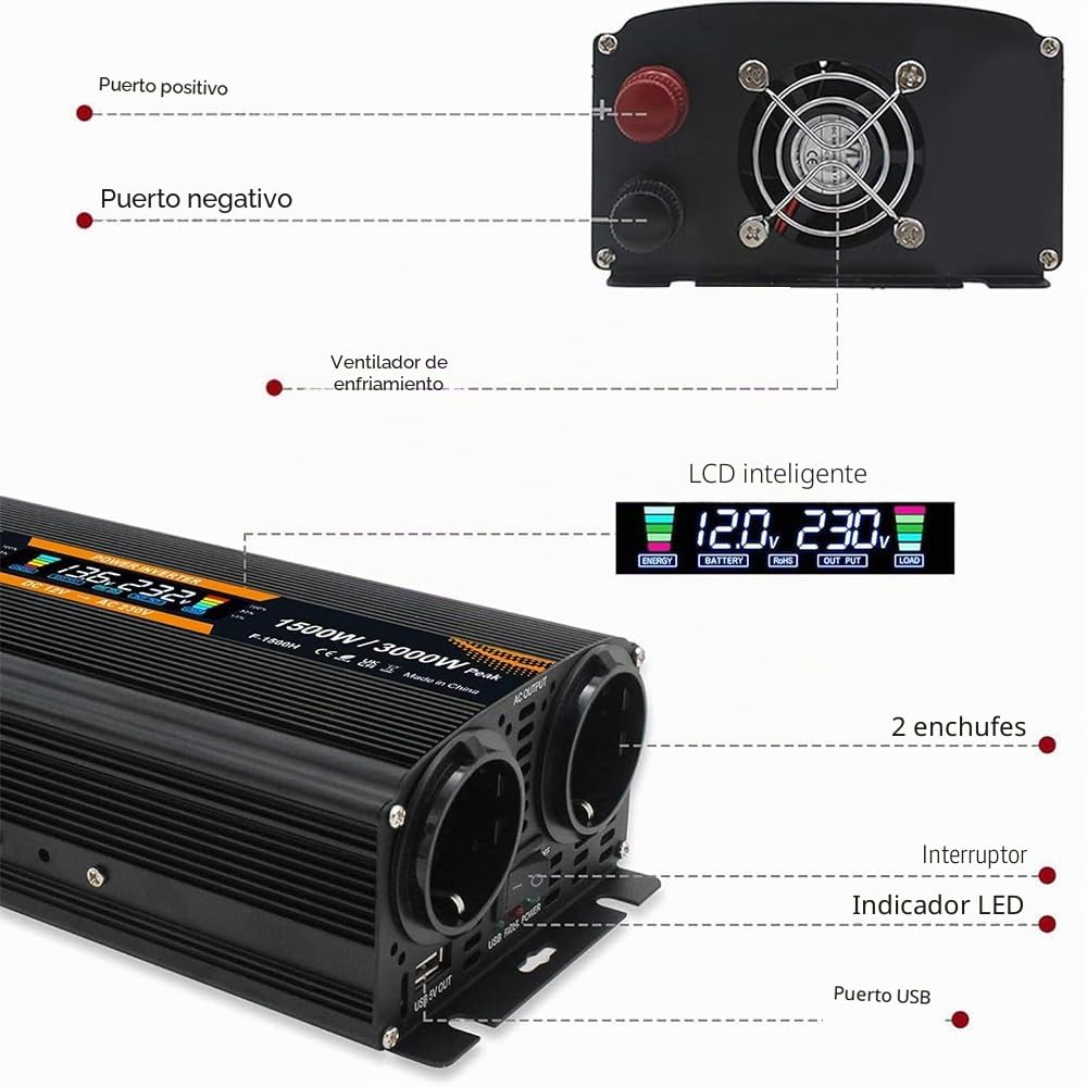 Inversor de corriente LCD de 12 V, 230 V, 1500 W/3000 W, inversor de corriente con 2 enchufes y 1 USB
