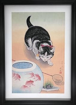 Amazon.co.jp: 小原古邨 金魚鉢と猫 A4 ポスター 輸送用 額付き