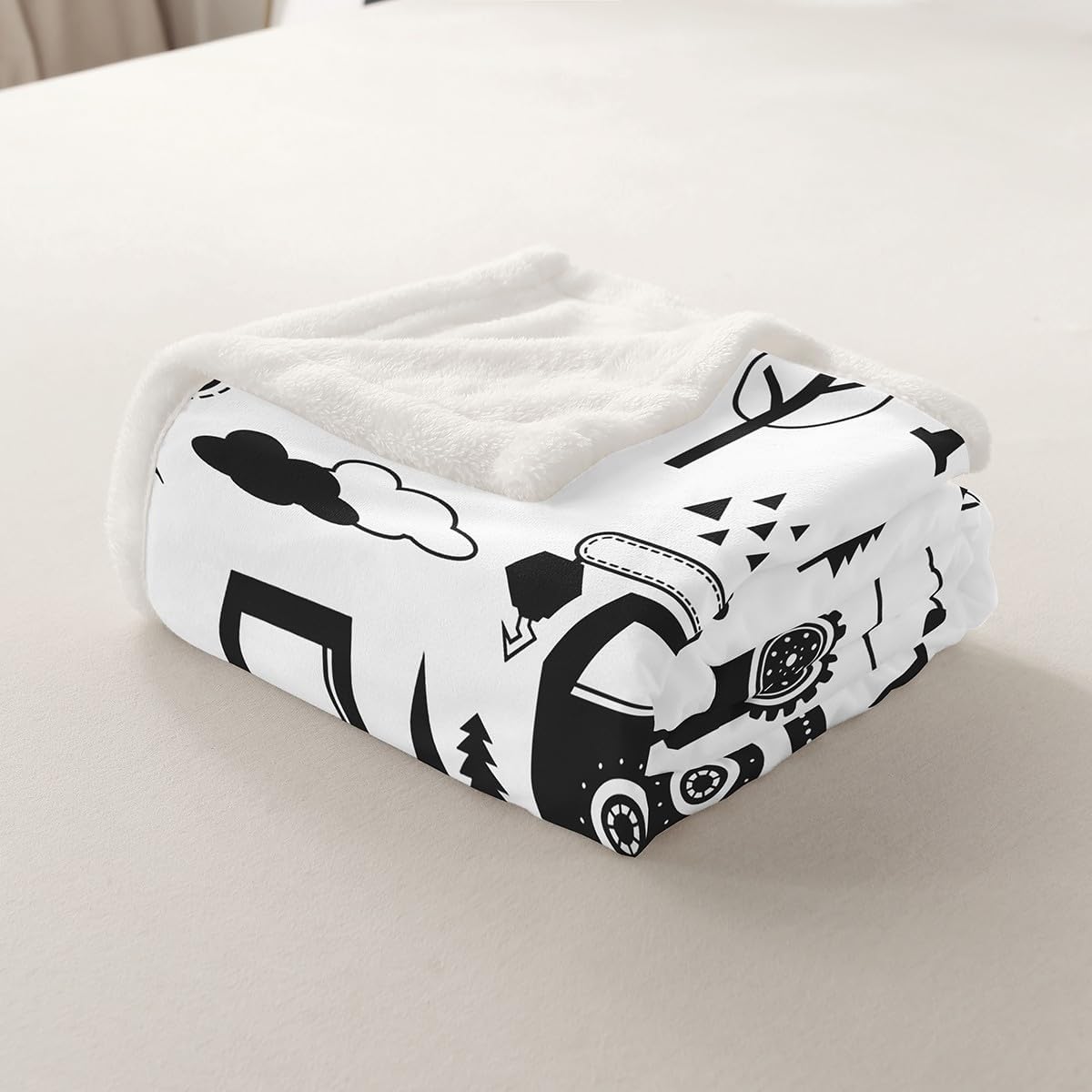 Construction Sherpa Blanket Twin 60"x80" Equipment Trucks Fleece Throw Blanket for Kids Boys Girls Decor Cartoon Car Excavator Tractor Plush Blanket Black White Fuzzy Blanket Bedroom
